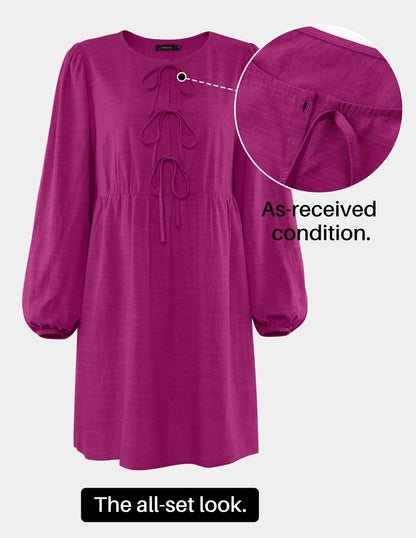 ZESICA Women's Dress Fall Long Puff Sleeve Self Tie Front Babydoll A Line Pleated Cute Mini Tunic Dresses 2025