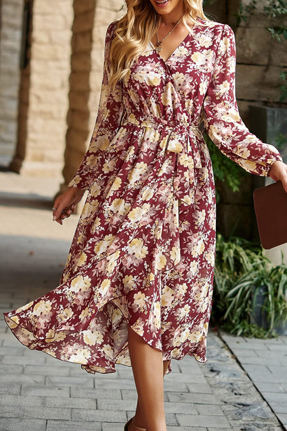 PRETTYGARDEN Women's Floral Print Boho Dress Long Sleeve Wrap V Neck Ruffle Belted A-Line Flowy Maxi Dresses