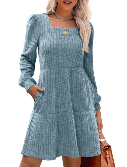 SAMPEEL Womens Square Neck Long Sleeve Fall Dresses Casual Babydoll Sweater Dress