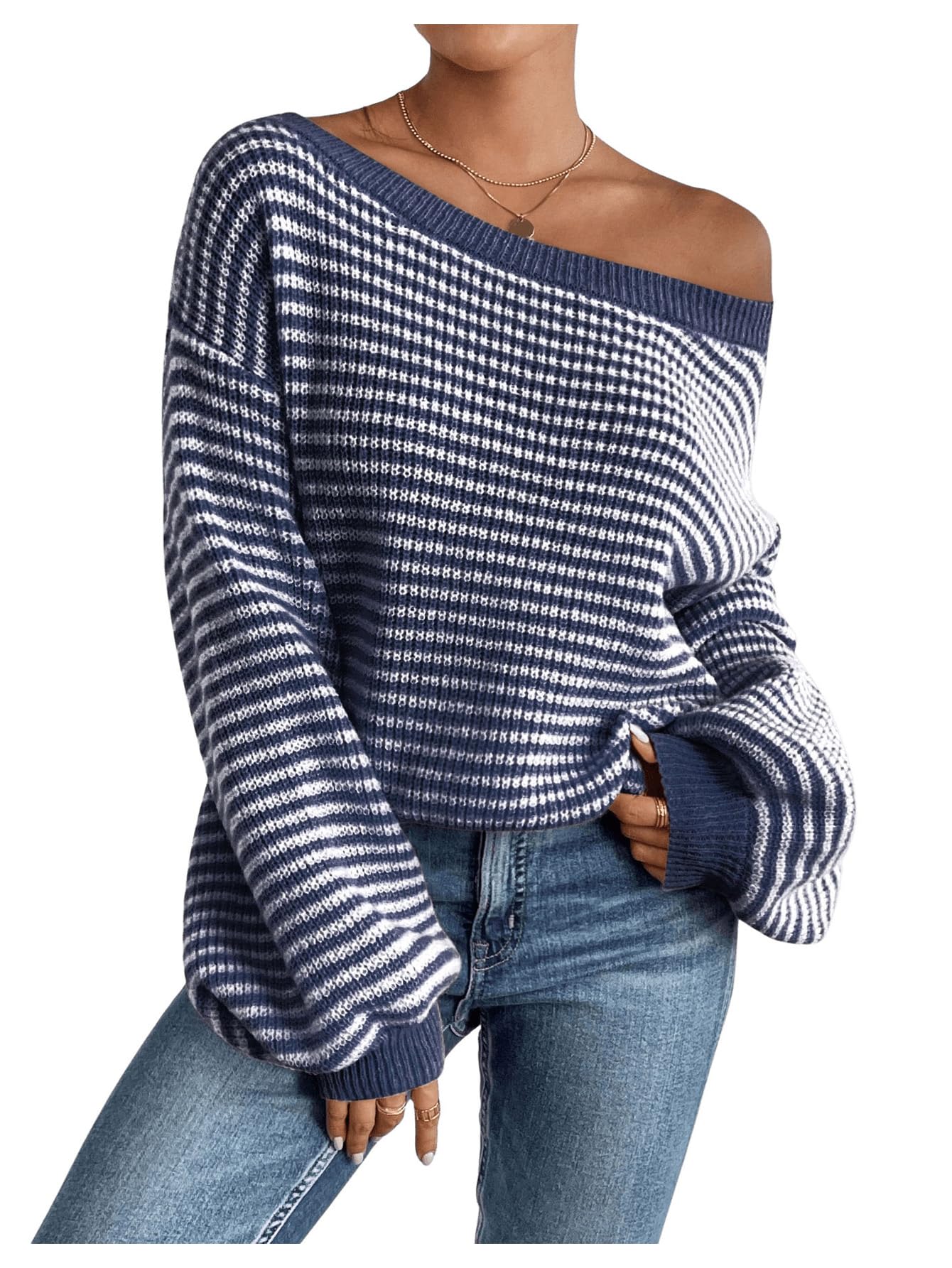 SOLY HUX Women's Off The Shoulder Striped Sweaters Oversized Long Sleeve Knit Pullover Tops