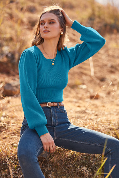 MASCOMODA Long Puff Sleeve Sweaters for Women 2024 Fall Winter Crewneck Knit Ribbed Bodysuit Pullover Tops