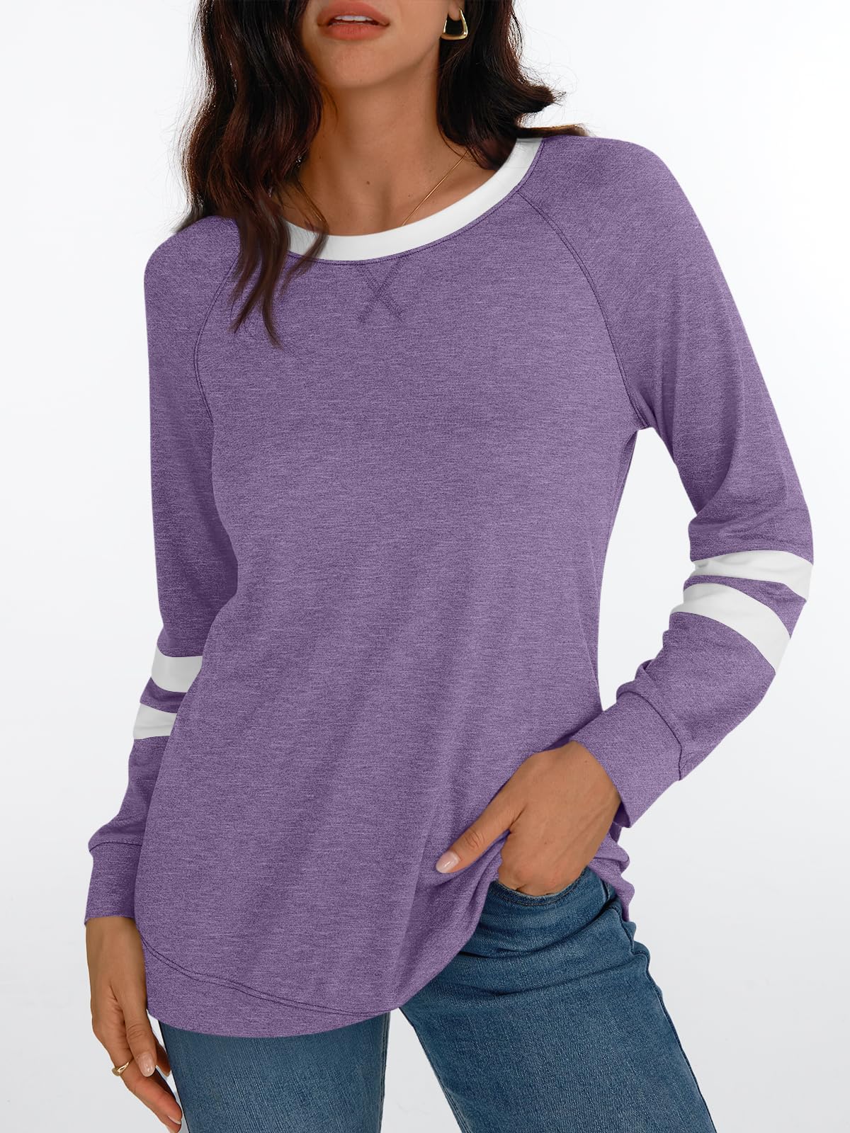 AUTOMET Womens Long Sleeve Shirts Color Block Casual Crewneck Tops Tshirt Basic Tees Fall Fashion Clothes Trendy Outfits