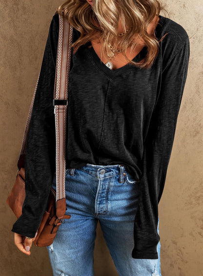 EVALESS Womens Casual V Neck Tops Spring Summer 2025 Long Sleeve Shirts Basic T Shirts Loose Fit T-Shirts Cotton Tee Clothes