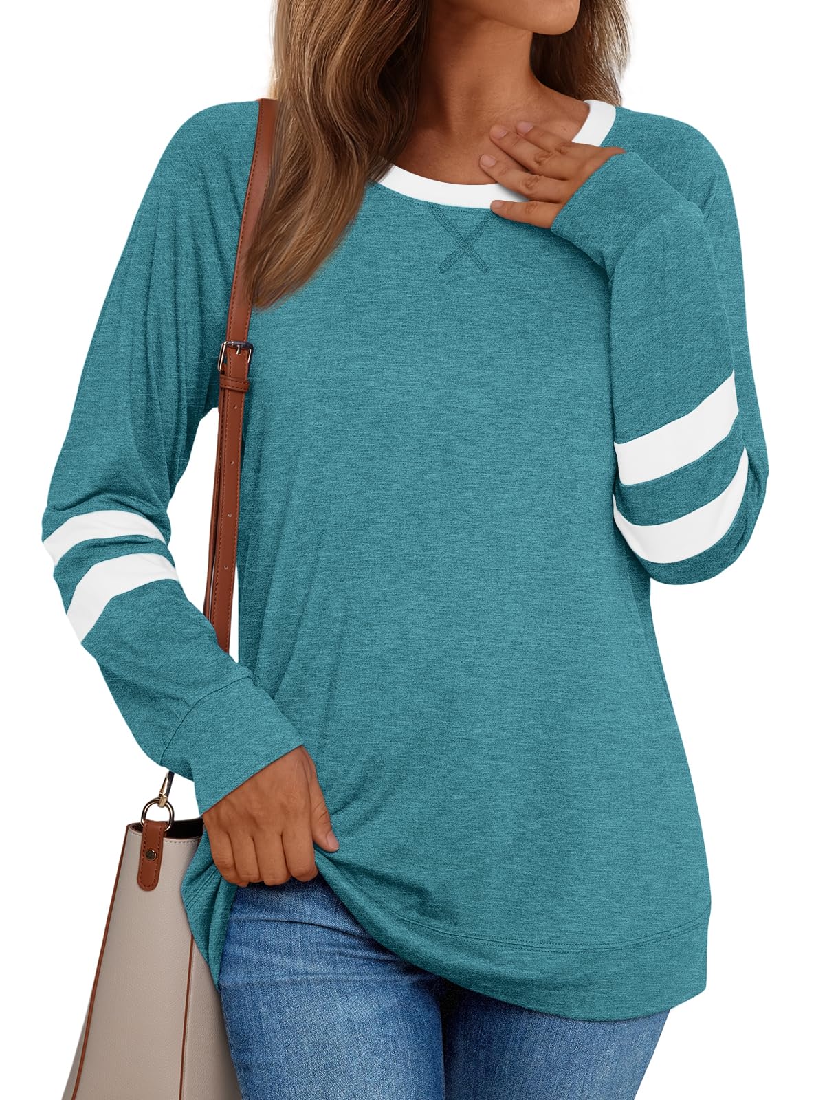 AUTOMET Womens Long Sleeve Shirts Color Block Casual Crewneck Tops Tshirt Basic Tees Fall Fashion Clothes Trendy Outfits