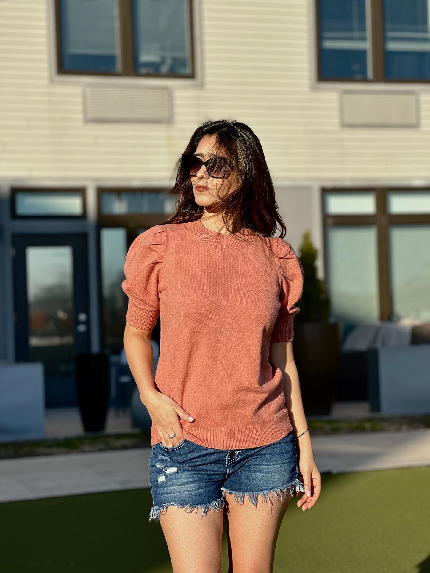 Women's Puff Short Sleeve Sweater Tops 2024 Spring Summer Trendy Crew Neck Casual T Shirts Blouses