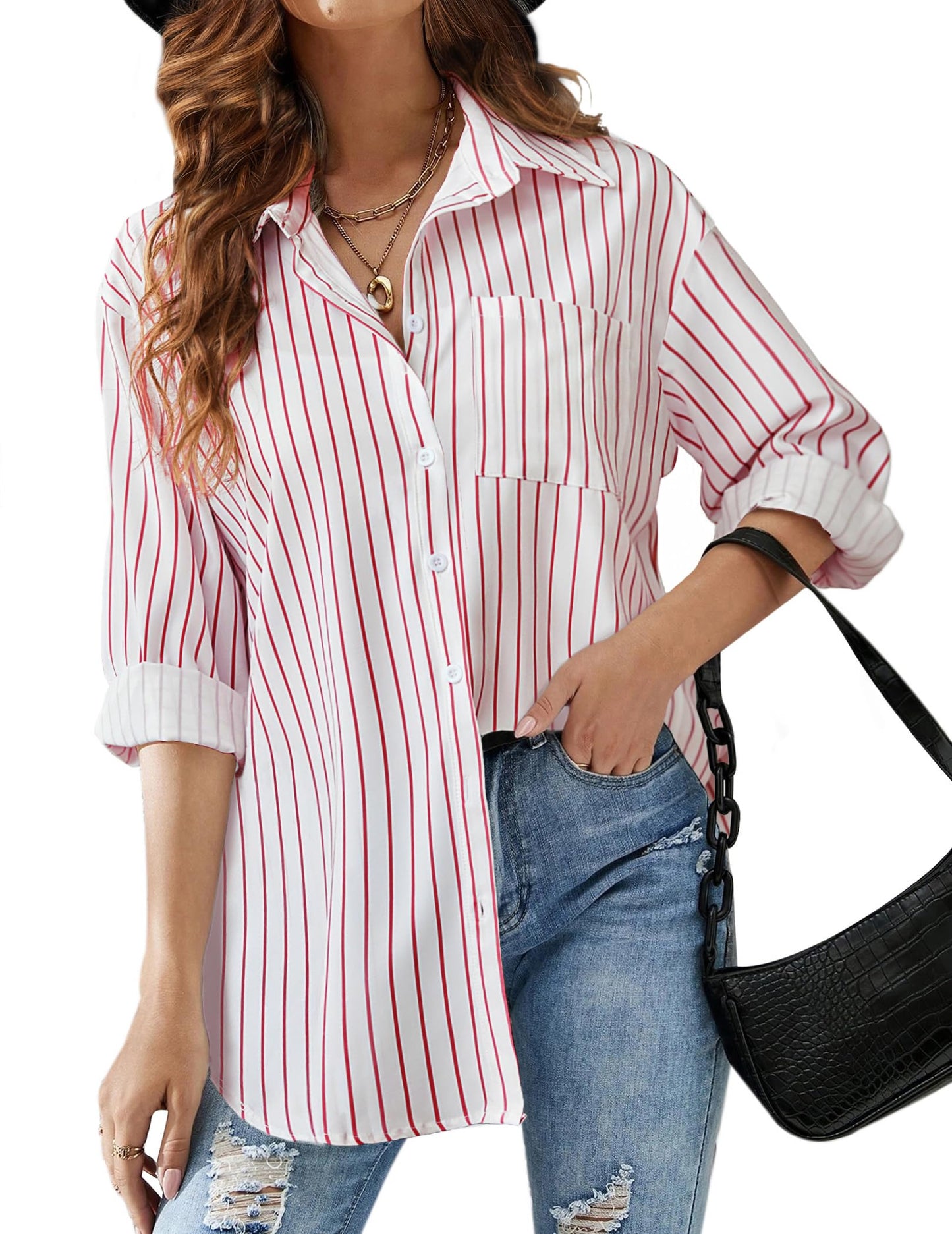 HOTOUCH Women Oversized Button Down Shirts Office Drop Shoulder Blouse Long Sleeve Boyfriend Dress Shirt with Pockets