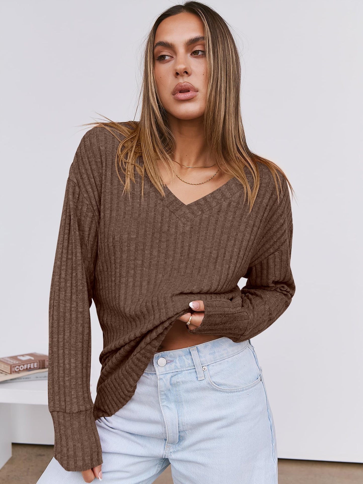 ANRABESS Long Sleeve Shirts for Women V Neck Casual Fall Tops Loose Fit Lightweight Sweaters Tunic Fashion 2024 Clothes