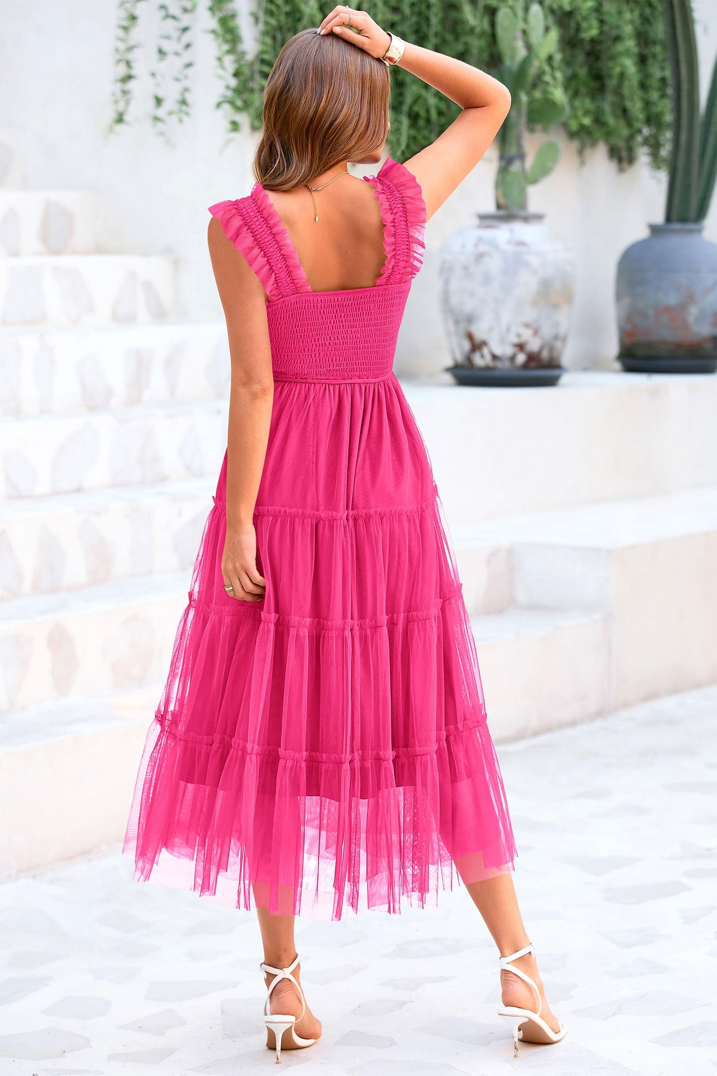 PRETTYGARDEN Women's 2024 Summer Midi Dress Casual Sleeveless Smocked Ruffle Tulle Flowy Party Wedding Guest Sundress
