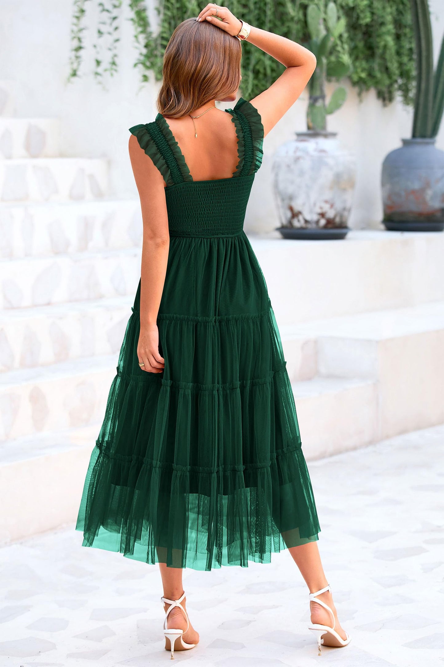PRETTYGARDEN Women's 2024 Summer Midi Dress Casual Sleeveless Smocked Ruffle Tulle Flowy Party Wedding Guest Sundress
