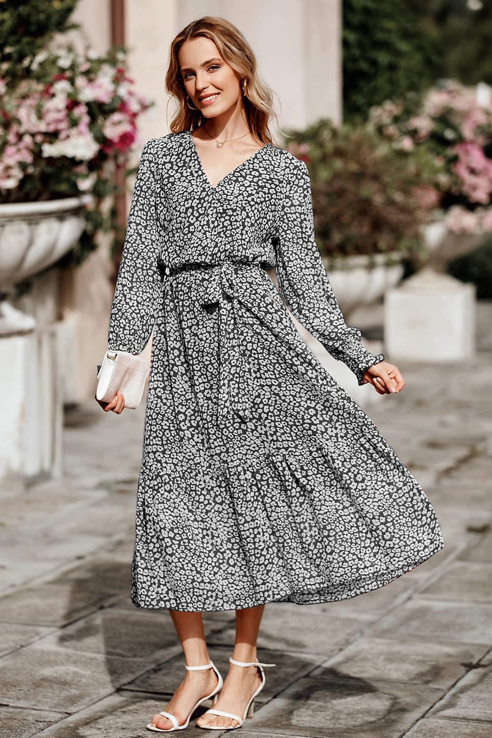PRETTYGARDEN Women's Floral Print Boho Dress Long Sleeve Wrap V Neck Ruffle Belted A-Line Flowy Maxi Dresses