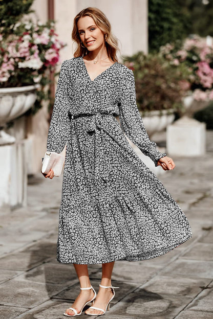 PRETTYGARDEN Women's Floral Print Boho Dress Long Sleeve Wrap V Neck Ruffle Belted A-Line Flowy Maxi Dresses
