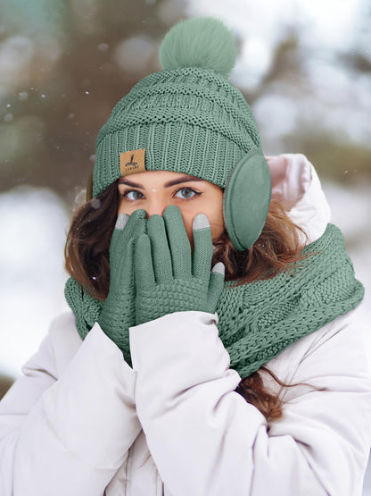 Winter Hat Scarf Gloves and Ear Warmer, Warm Knit Beanie Hat Touch Screen Gloves Set Winter Gifts Neck Scarves for Women