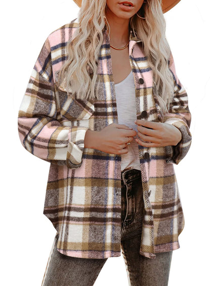 Beaully Women's Flannel Plaid Shacket Long Sleeve Button Down Shirts Jacket Coats with Side Pockets
