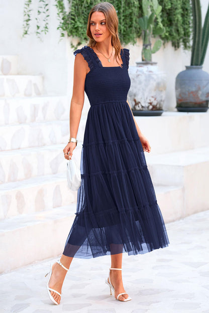 PRETTYGARDEN Women's 2024 Summer Midi Dress Casual Sleeveless Smocked Ruffle Tulle Flowy Party Wedding Guest Sundress