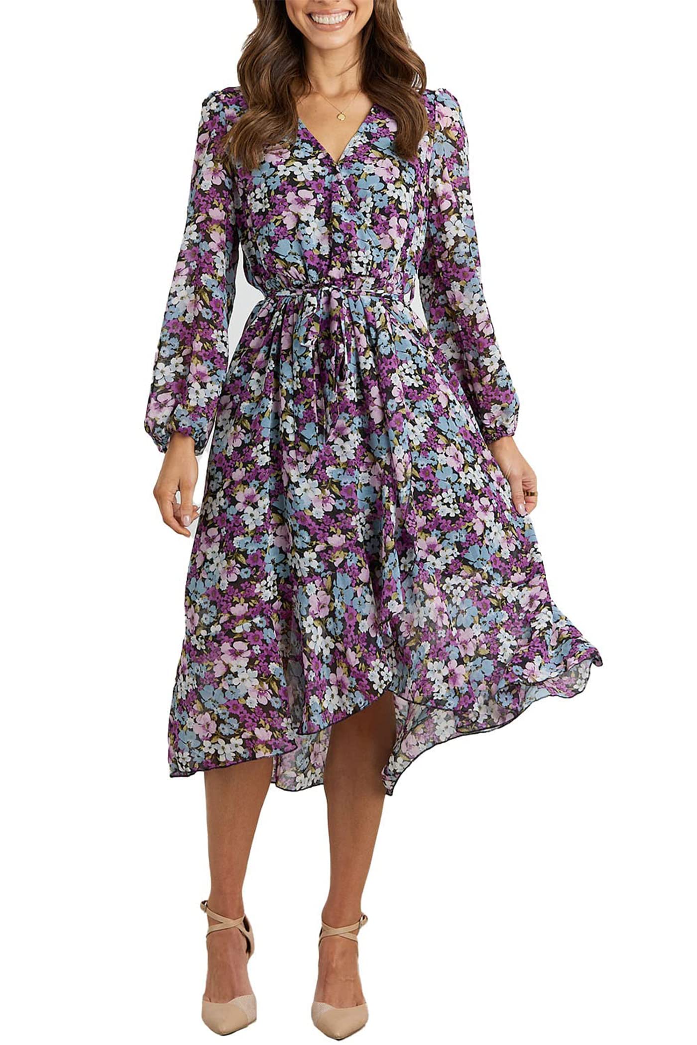 PRETTYGARDEN Women's Floral Print Boho Dress Long Sleeve Wrap V Neck Ruffle Belted A-Line Flowy Maxi Dresses