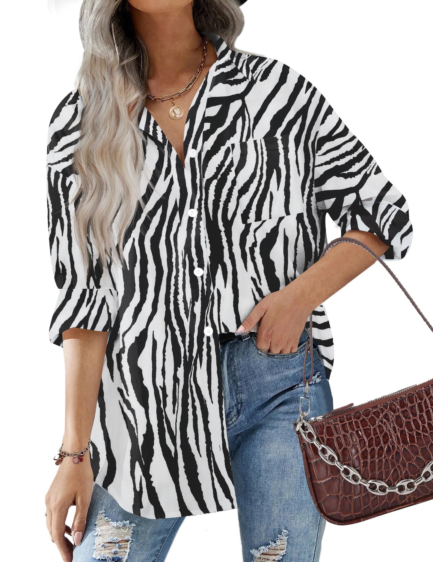 HOTOUCH Women Oversized Button Down Shirts Office Drop Shoulder Blouse Long Sleeve Boyfriend Dress Shirt with Pockets