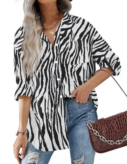 HOTOUCH Women Oversized Button Down Shirts Office Drop Shoulder Blouse Long Sleeve Boyfriend Dress Shirt with Pockets