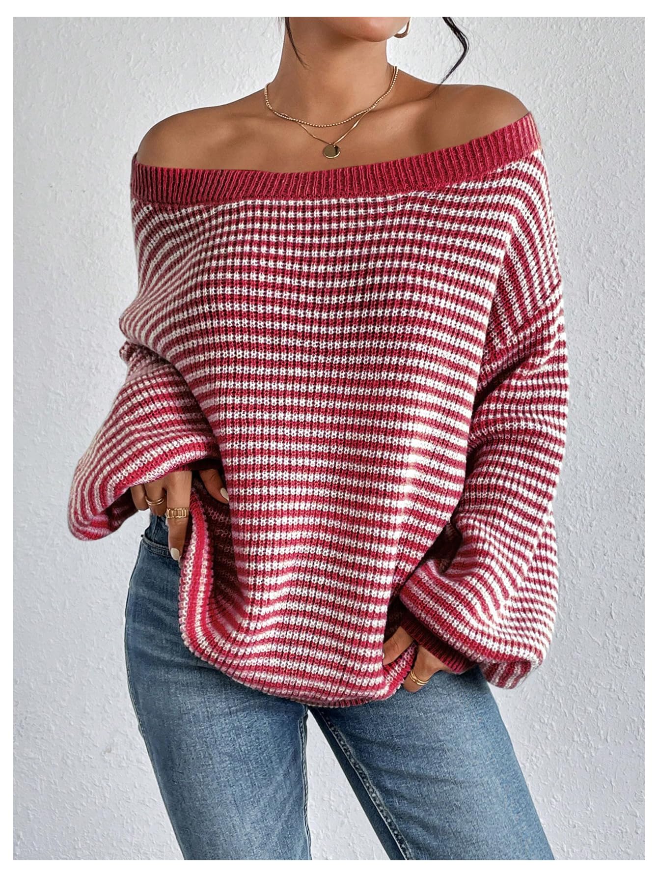 SOLY HUX Women's Off The Shoulder Striped Sweaters Oversized Long Sleeve Knit Pullover Tops
