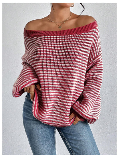 SOLY HUX Women's Off The Shoulder Striped Sweaters Oversized Long Sleeve Knit Pullover Tops