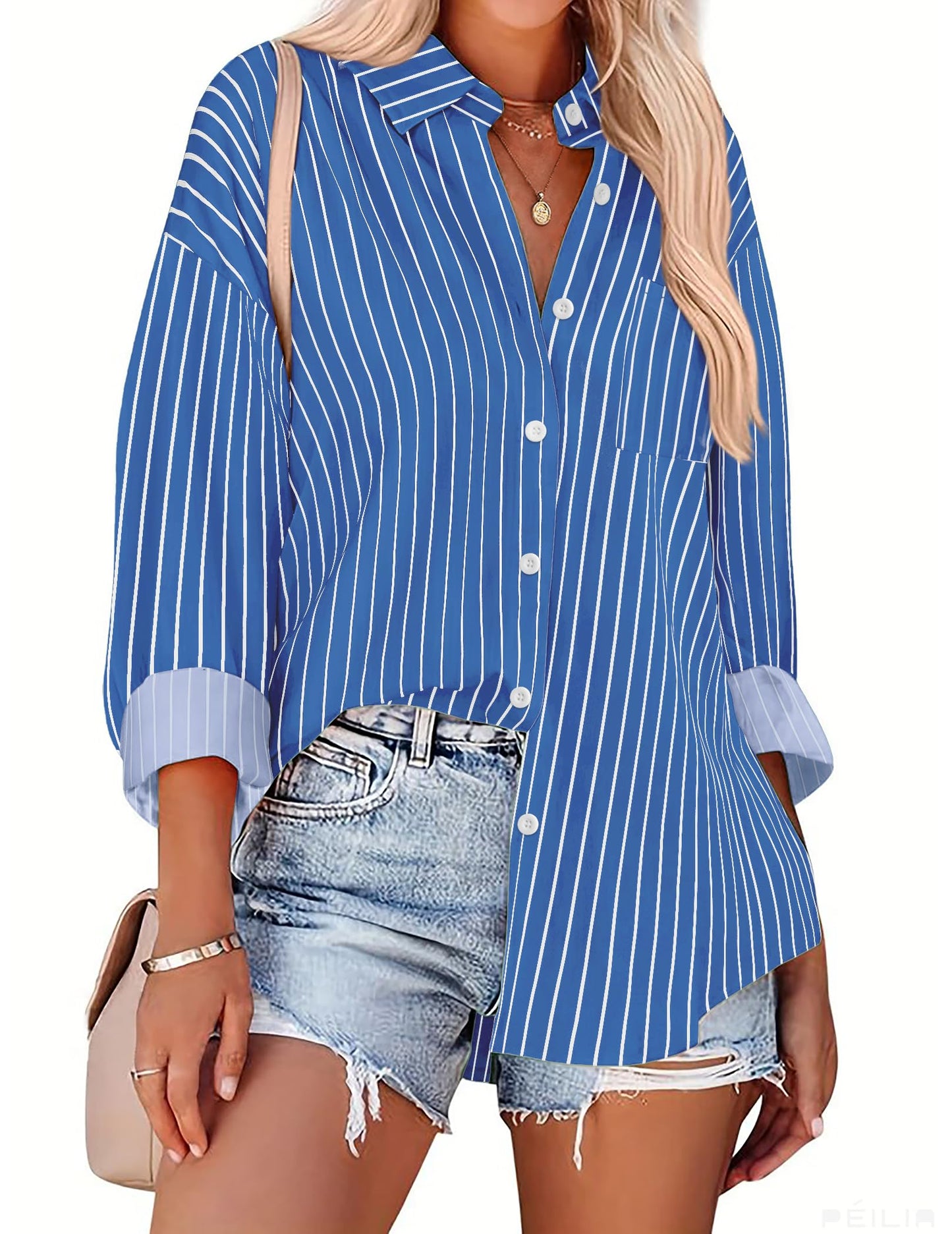 HOTOUCH Women Oversized Button Down Shirts Office Drop Shoulder Blouse Long Sleeve Boyfriend Dress Shirt with Pockets