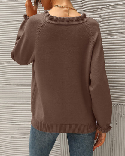 BTFBM 2024 Womens Sweaters Fall Winter Outfits Long Sleeve Button Down Ruffle Crew Neck Casual Knitted Pullover Tops