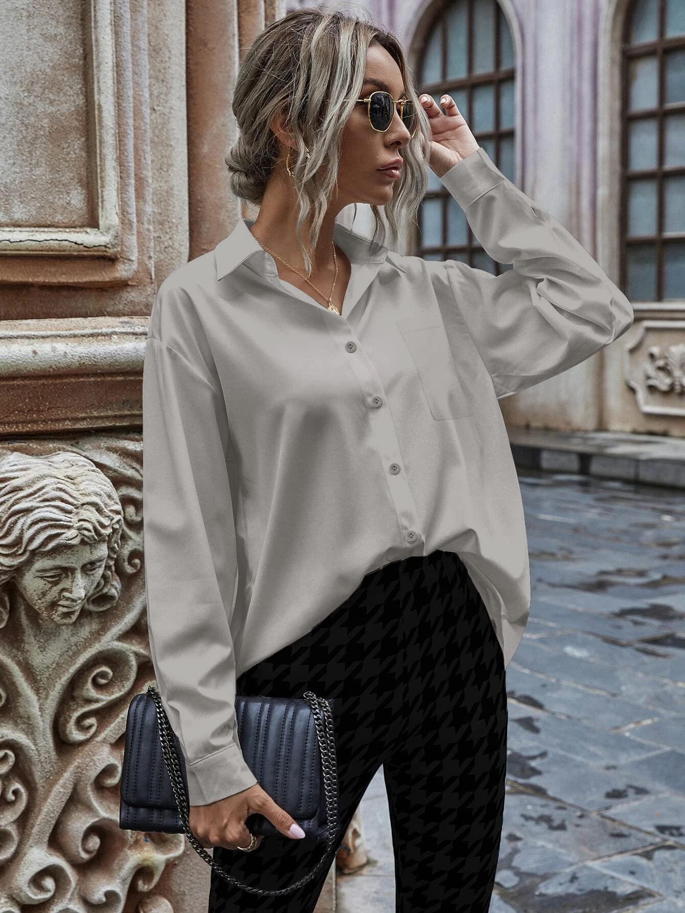 HOTOUCH Women Oversized Button Down Shirts Office Drop Shoulder Blouse Long Sleeve Boyfriend Dress Shirt with Pockets