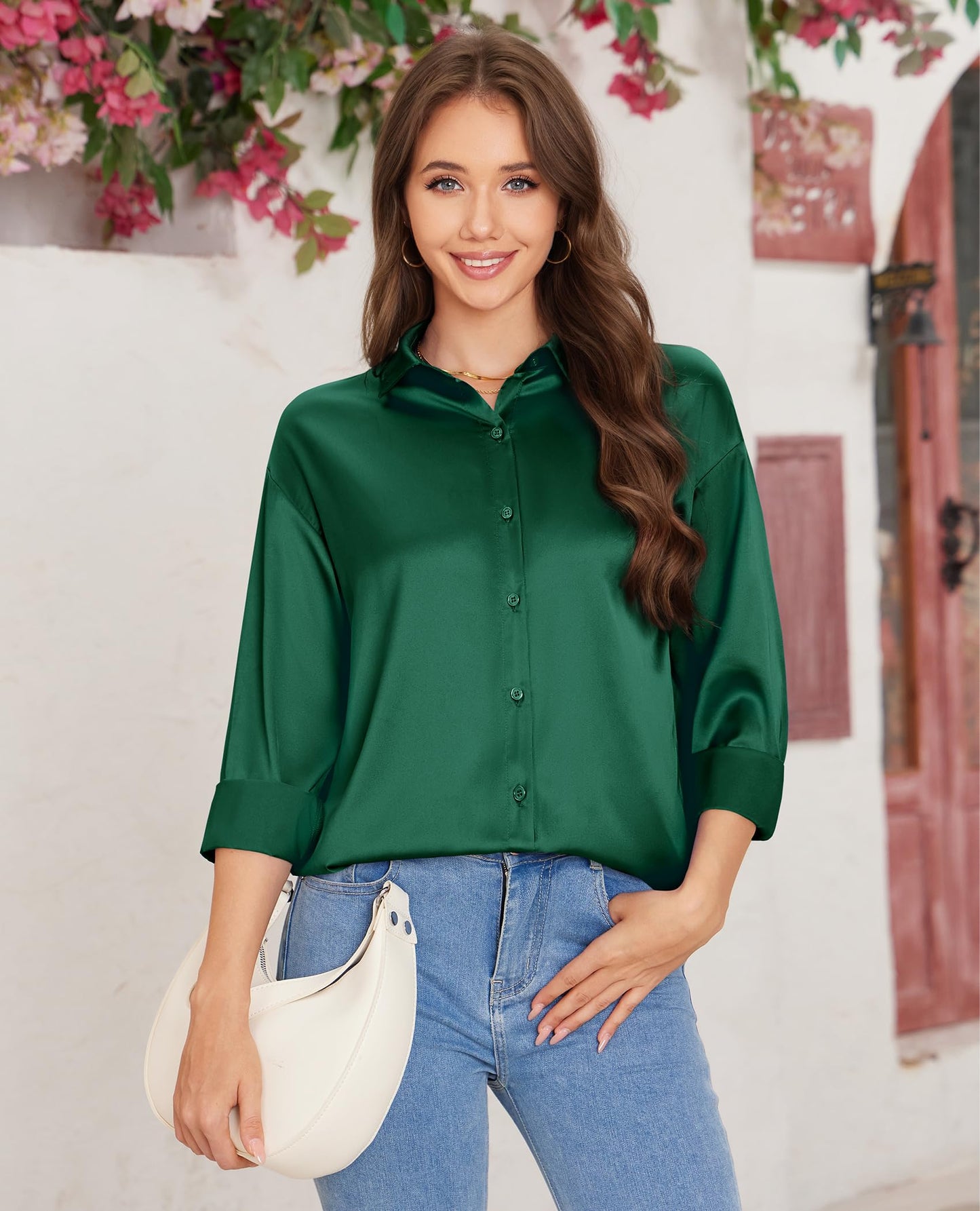 siliteelon Satin Blouses for Women Silk Button Down Shirts Casual Long Sleeve Shirt Business Office Work Tunic Tops