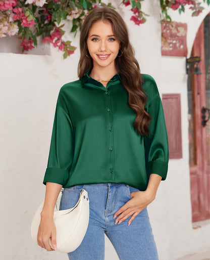 siliteelon Satin Blouses for Women Silk Button Down Shirts Casual Long Sleeve Shirt Business Office Work Tunic Tops