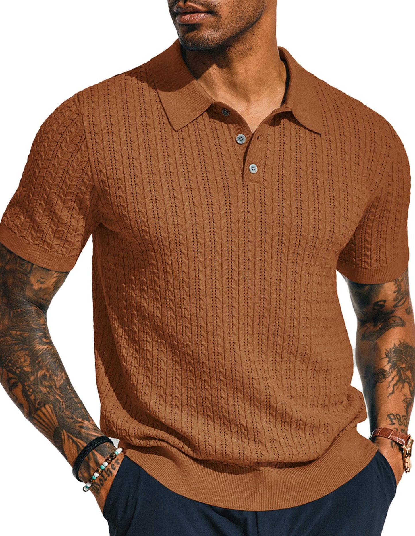 PJ PAUL JONES Mens Knit Polo Shirt Short Sleeve Hollow Out Knit Shirt Texture Knitted Polo