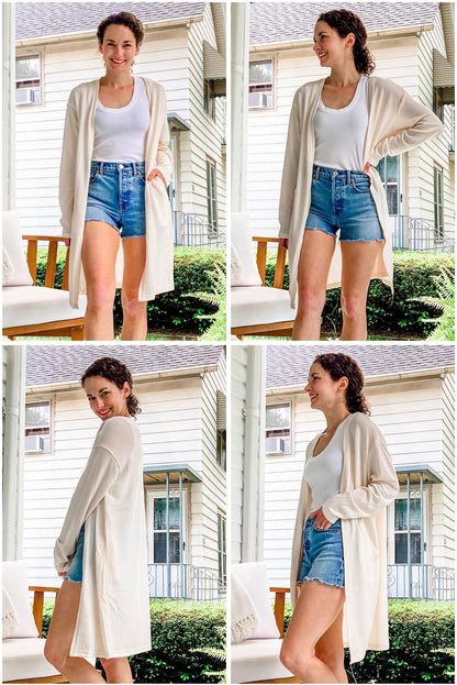 OUGES Women's Open Front Cardigan Shirt with Pockets Long Sleeve Lightweight Coat