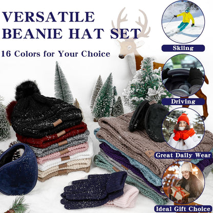 Winter Hat Scarf Gloves and Ear Warmer, Warm Knit Beanie Hat Touch Screen Gloves Set Winter Gifts Neck Scarves for Women