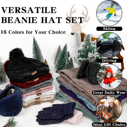 Winter Hat Scarf Gloves and Ear Warmer, Warm Knit Beanie Hat Touch Screen Gloves Set Winter Gifts Neck Scarves for Women