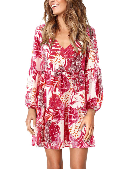 Amoretu Women Summer Tunic Dress V Neck Casual Loose Flowy Swing Shift Dress