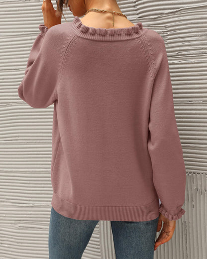 BTFBM 2024 Womens Sweaters Fall Winter Outfits Long Sleeve Button Down Ruffle Crew Neck Casual Knitted Pullover Tops