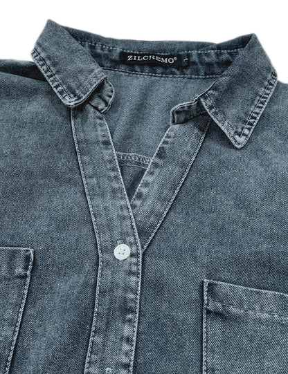 Zilcremo Women Denim Shirt Dresses Long Sleeve Distressed Jean Dress Button Down Casual Tunic Top