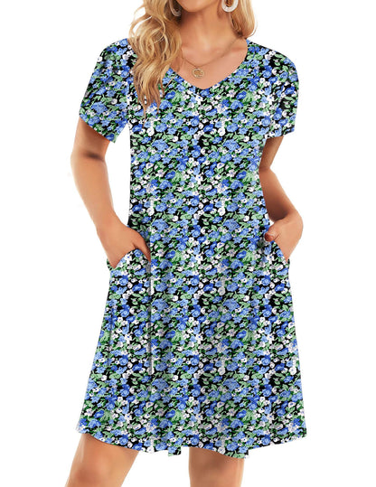 HOTOUCH Womens Summer Floral V Neck Dresses Beach Casual Short Sleeve T Shirt Dresses Swing Sundresses with Pockets 2025