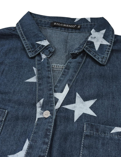 Zilcremo Women Denim Shirt Dresses Long Sleeve Distressed Jean Dress Button Down Casual Tunic Top