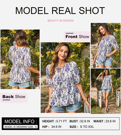 Dokotoo Womens Tops Casual Crewneck Babydoll Peplum Puff Sleeve Shirts Bow Tie Front Boho Summer Blouses