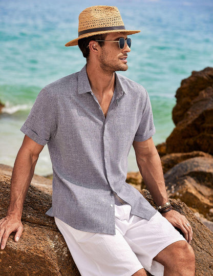 COOFANDY Men's Linen Shirts Short Sleeve Casual Shirts Button Down Shirt for Men Beach Summer Wedding Shirt