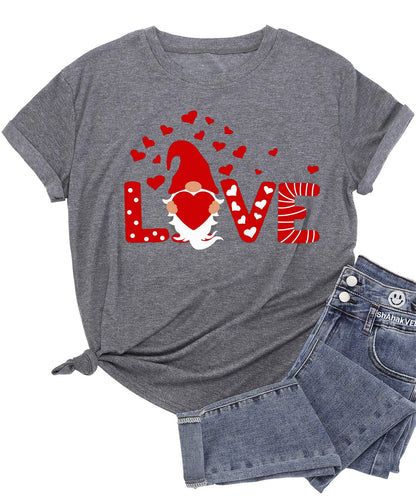 Valentine's Day Shirt for Womens Cute Gnomes T-Shirt Love Heart Printed Shirts Short Sleeve Graphic Tees Tops
