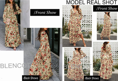 BLENCOT Womens Casual Boho Deep V Neck Short Sleeve Long Dress