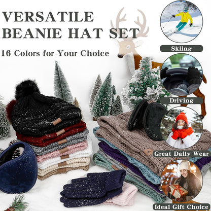 Winter Hat Scarf Gloves and Ear Warmer, Warm Knit Beanie Hat Touch Screen Gloves Set Winter Gifts Neck Scarves for Women