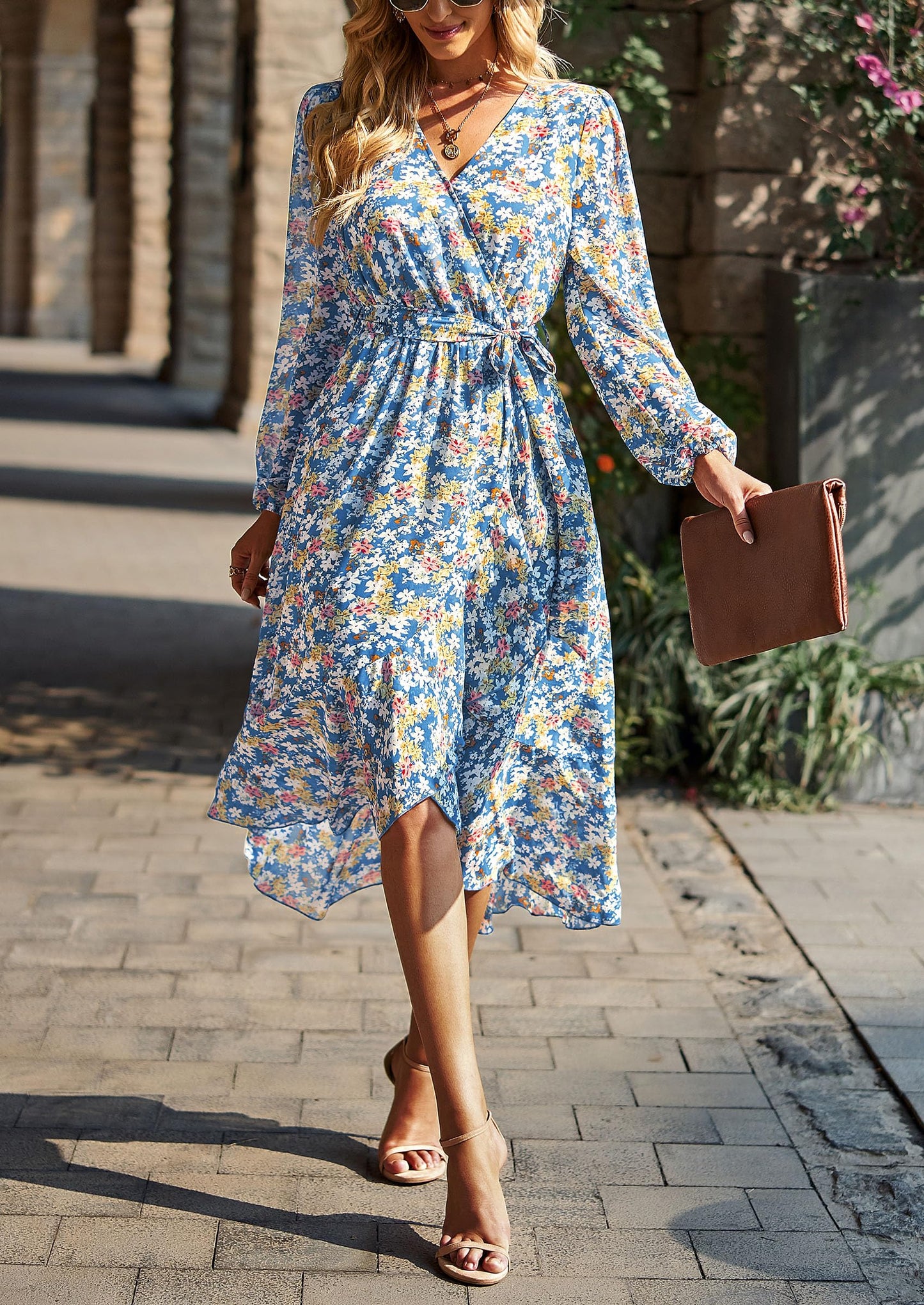 PRETTYGARDEN Women's Floral Print Boho Dress Long Sleeve Wrap V Neck Ruffle Belted A-Line Flowy Maxi Dresses