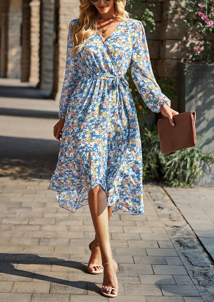 PRETTYGARDEN Women's Floral Print Boho Dress Long Sleeve Wrap V Neck Ruffle Belted A-Line Flowy Maxi Dresses