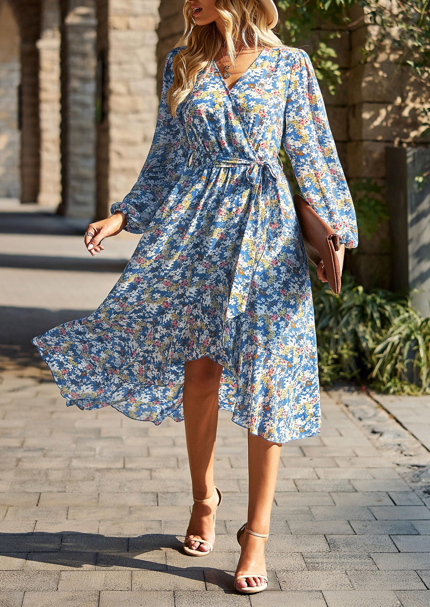 PRETTYGARDEN Women's Floral Print Boho Dress Long Sleeve Wrap V Neck Ruffle Belted A-Line Flowy Maxi Dresses