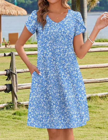 HOTOUCH Womens Summer Floral V Neck Dresses Beach Casual Short Sleeve T Shirt Dresses Swing Sundresses with Pockets 2025