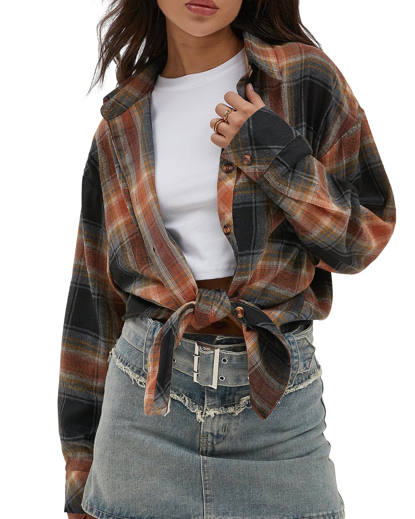 CHYRII Womens Button Down Flannel Shirts Long Sleeve Plaid Shackets Business Casual Blouse Top