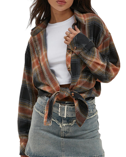CHYRII Womens Button Down Flannel Shirts Long Sleeve Plaid Shackets Business Casual Blouse Top