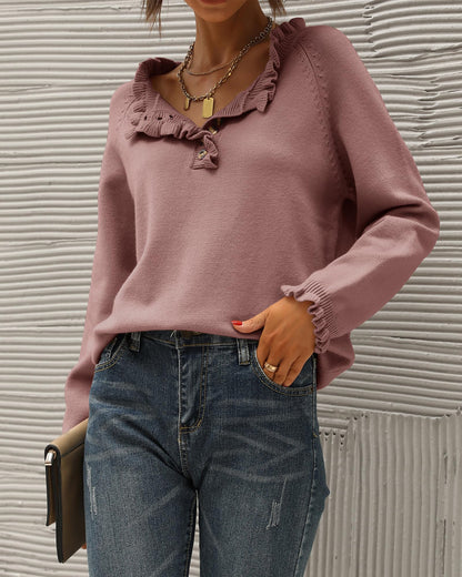 BTFBM 2024 Womens Sweaters Fall Winter Outfits Long Sleeve Button Down Ruffle Crew Neck Casual Knitted Pullover Tops